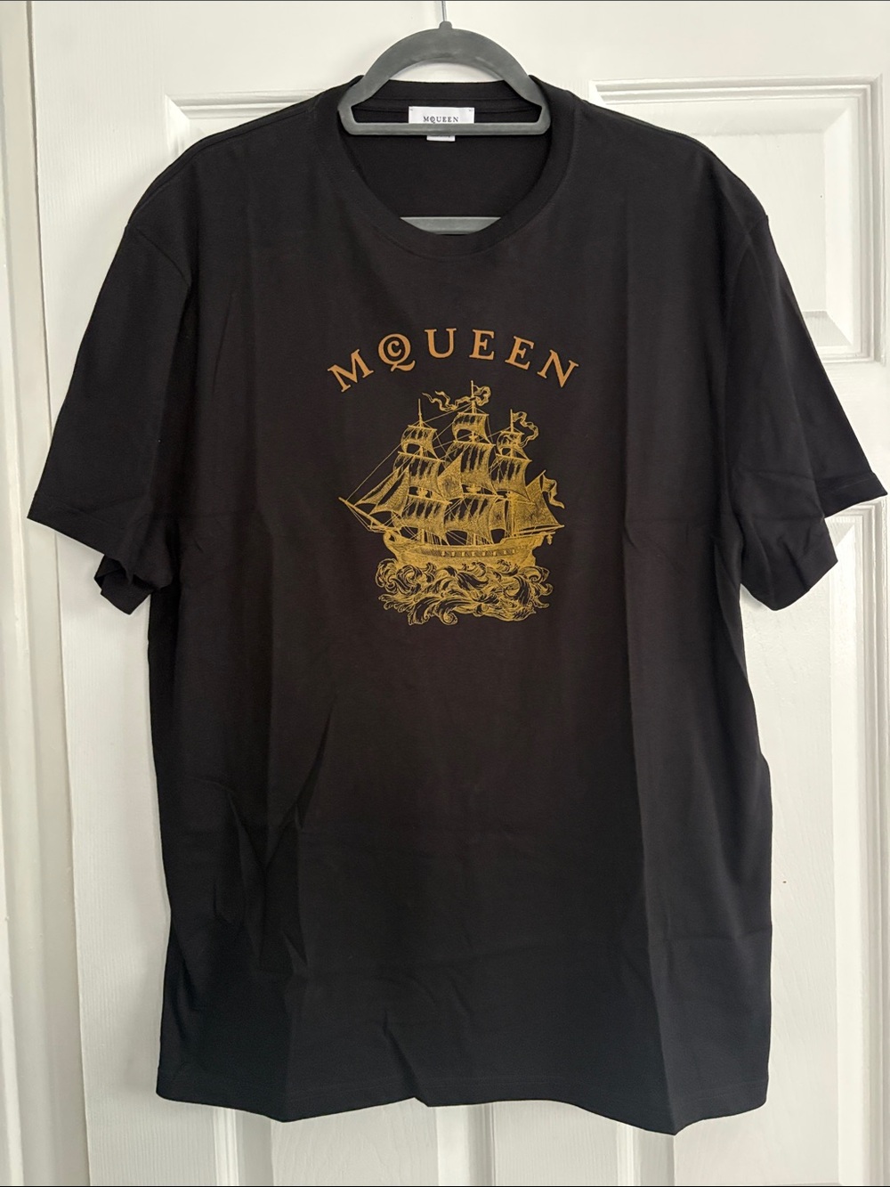 Alexander McQueen Black T-Shirt with Gold Ship Graphic